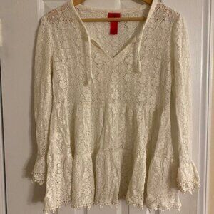 Cristina V Women's Ivory Crochet Lace Long Sleeve Ruffle Top blouse Size Small